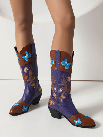 女性のミッドカーフブーツPUレザー先の尖ったつま先刺繍カウボーイブーツ