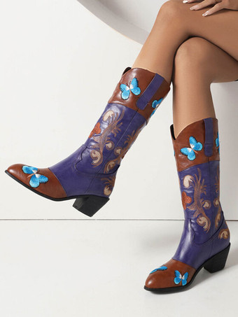 女性のミッドカーフブーツPUレザー先の尖ったつま先刺繍カウボーイブーツ