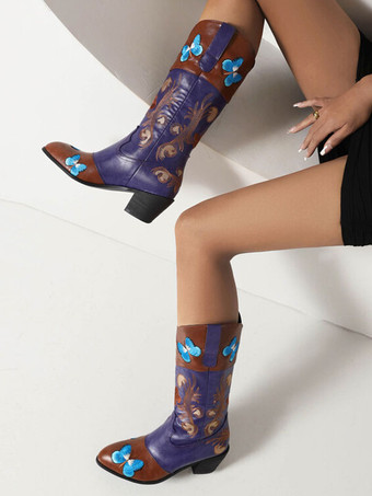 女性のミッドカーフブーツPUレザー先の尖ったつま先刺繍カウボーイブーツ