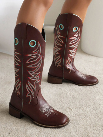 Women's Cowboy Boots Brown Round Toe Mid Calf Boots Cowgirl Wedding Shoes