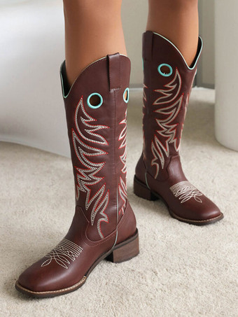 Women's Cowboy Boots Brown Round Toe Mid Calf Boots Cowgirl Wedding Shoes