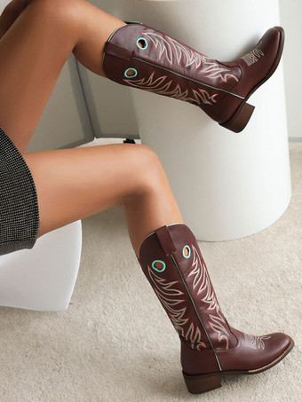 Women's Cowboy Boots Brown Round Toe Mid Calf Boots Cowgirl Wedding Shoes