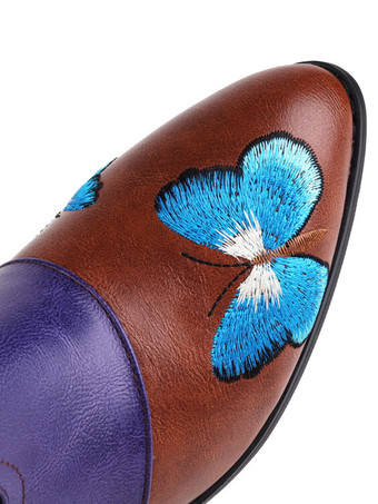 女性のミッドカーフブーツPUレザー先の尖ったつま先刺繍カウボーイブーツ