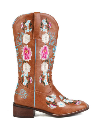 Bottes Mi-mollet Bottines Femme à Talons Hauts Imprimés Fleuries Chaussures de Mariée Bohème