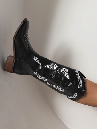 ブラック カウボーイブーツ レディース 子犬 ヒール ミッドカーフブーツ カウガール ウェディングシューズ