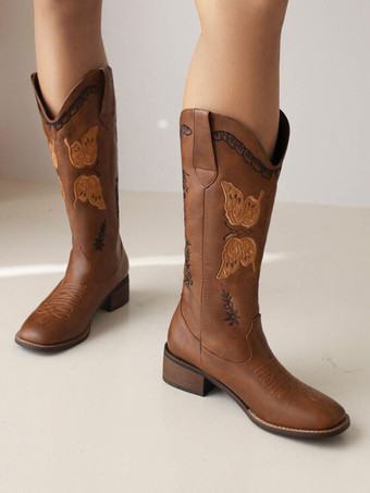 ブラック カウボーイブーツ レディース 子犬 ヒール ミッドカーフブーツ カウガール ウェディングシューズ