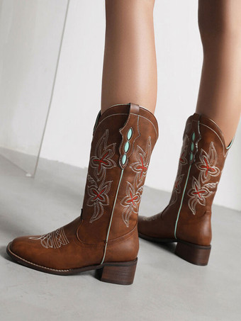 ミッドカーフブーツ PUレザー ラウンドトゥ カウボーイブーツ カウガール ウェディングシューズ