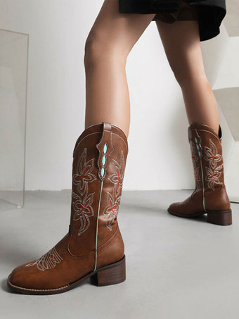 ミッドカーフブーツ PUレザー ラウンドトゥ カウボーイブーツ カウガール ウェディングシューズ