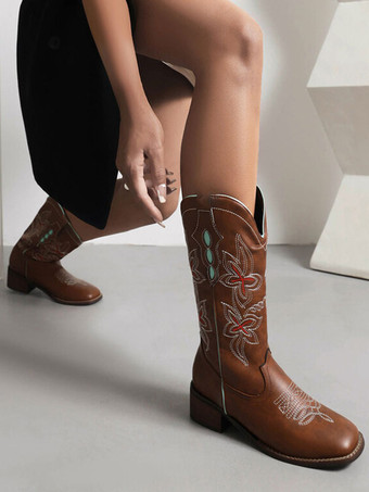 ミッドカーフブーツ PUレザー ラウンドトゥ カウボーイブーツ カウガール ウェディングシューズ