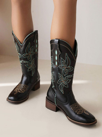 ミッドカーフブーツ PUレザー ラウンドトゥ カウボーイブーツ カウガール ウェディングシューズ