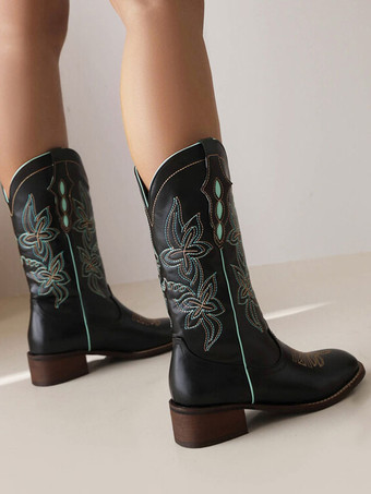 ミッドカーフブーツ PUレザー ラウンドトゥ カウボーイブーツ カウガール ウェディングシューズ