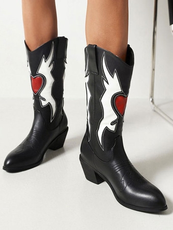 Black Western Boots Women Pointed Toe Cowboy Boots Mid Calf Boots