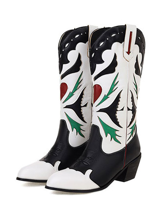 女性用カウボーイブーツ パピーヒール ミッドカーフブーツ 女性用