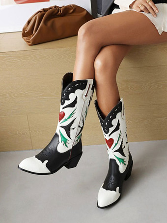 女性用カウボーイブーツ パピーヒール ミッドカーフブーツ 女性用