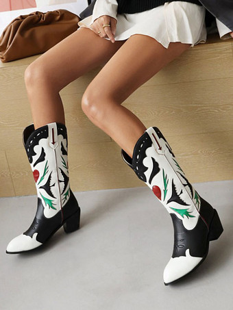 女性用カウボーイブーツ パピーヒール ミッドカーフブーツ 女性用