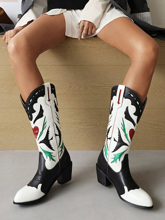 女性用カウボーイブーツ パピーヒール ミッドカーフブーツ 女性用