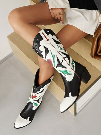 女性用カウボーイブーツ パピーヒール ミッドカーフブーツ 女性用