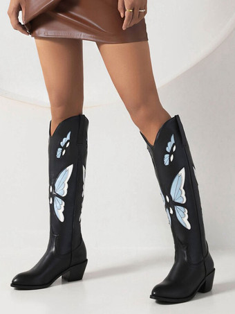 Women's Western Boots Black PU Leather Puppy Heel Knee High Boots