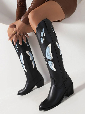 Women's Western Boots Black PU Leather Puppy Heel Knee High Boots