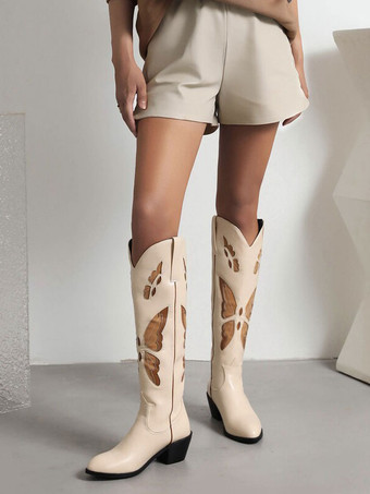 Women's Western Boots Black PU Leather Puppy Heel Knee High Boots