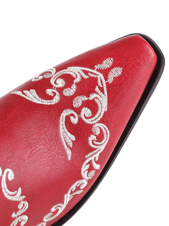 ホワイト カウボーイブーツ ポインテッドトゥ パピーヒール ミッドカーフブーツ レディース