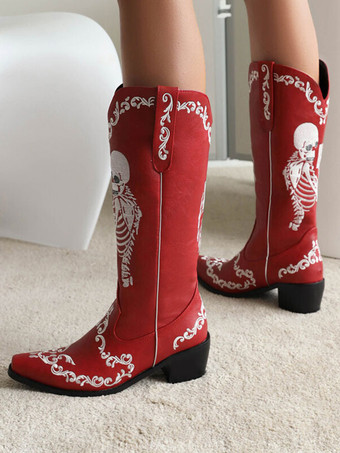 バーガンディーホワイト カウボーイブーツ ポインテッドトゥ パピーヒール ミッドカーフブーツ レディース