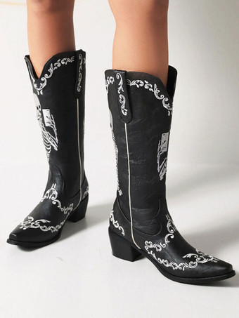 ホワイト カウボーイブーツ ポインテッドトゥ パピーヒール ミッドカーフブーツ レディース