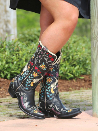 ホワイト カウボーイブーツ レディース ポインテッドトゥ 花刺繍 ウエスタンブーツ