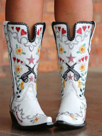 ホワイト カウボーイブーツ レディース ポインテッドトゥ 花刺繍 ウエスタンブーツ