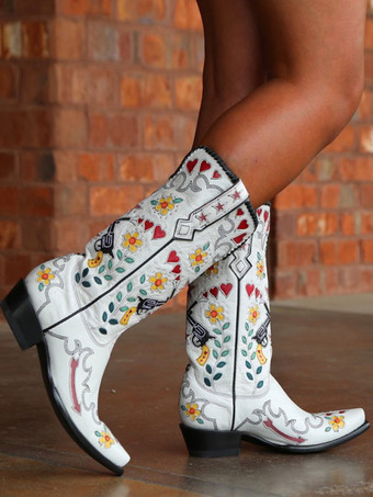 ホワイト カウボーイブーツ レディース ポインテッドトゥ 花刺繍 ウエスタンブーツ