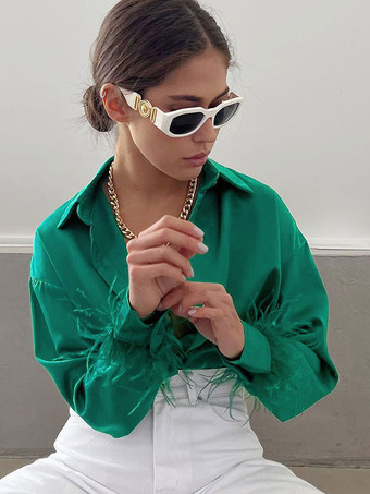 グリーン 女性用ブラウス ローズフェザー Vネック クラシック 長袖 ポリエステル トップス