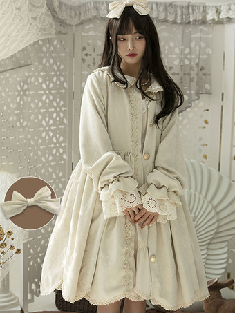 Sweet Lolita Coats Ecru White Lace Bows Overcoat Polyester Fall Lolita Outwears