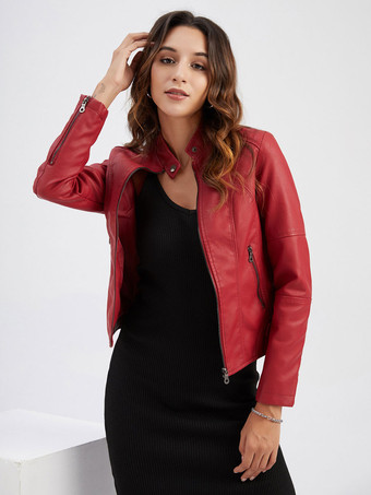 Faux Leather Moto Jacket Stand Collar Zipper Red Solid Color PU Spring Fall Biker Outerwear For Women
