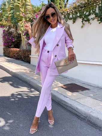 Zweiteilige Anzüge Lavendelfarbene Oberbekleidungssets in Volltonfarbe Klassischer Blazer Jacke Slim Fit Hose Frühlings-Herbst-Outfit für Damen