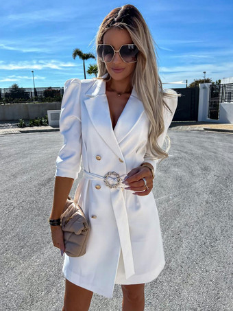Blazer Dress White Belt Double Breasted Solid Color Slim Fit Casual Stylish Spring Fall Outerwear For Women