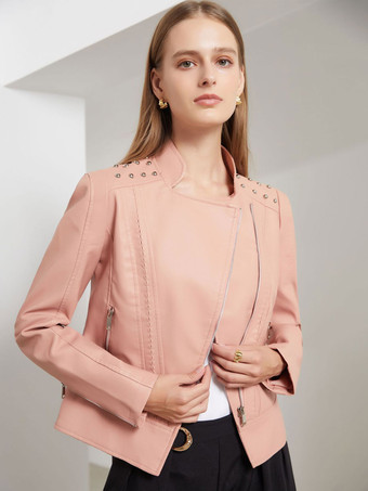 Jaqueta de couro falso rosa PU gola com zíper rebite primavera outono roupas de ciclismo de rua para mulheres