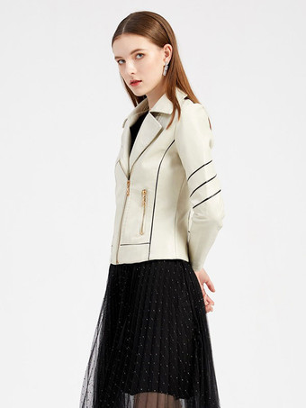 フェイク レザー モト ジャケット エクリュ ホワイト PU ツートーン ラペル ジッパー 春 秋 フィールド バイカー アウター 女性用