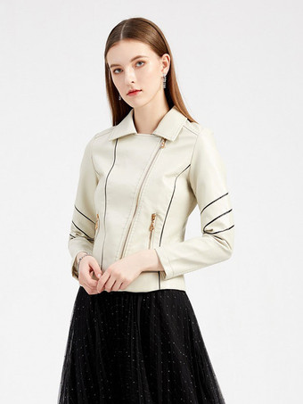 フェイク レザー モト ジャケット エクリュ ホワイト PU ツートーン ラペル ジッパー 春 秋 フィールド バイカー アウター 女性用