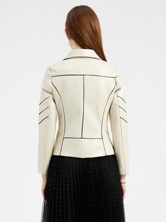 フェイク レザー モト ジャケット エクリュ ホワイト PU ツートーン ラペル ジッパー 春 秋 フィールド バイカー アウター 女性用