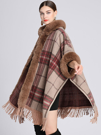 New Women  Trim Hooded Wool Lana Cape Wrap Poncho Coat Jacket Italian Faux Fur 