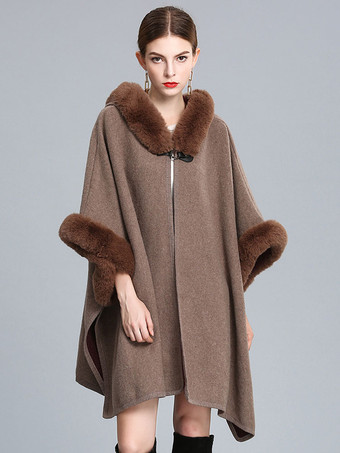 Cappotto poncho autunnale con mantello in pelliccia sintetica con cappuccio per donna 2024