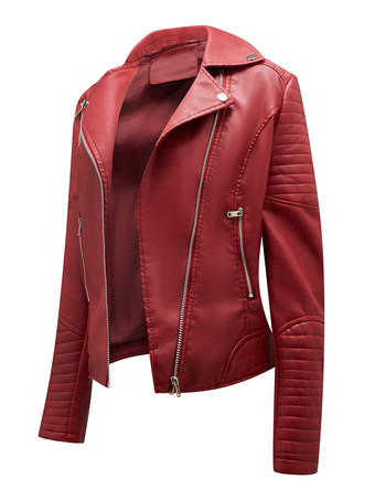 ワインレッド フェイクレザー モトジャケット ターンダウンカラー イエロー PU リラックスフィット 春 秋 バイカー アウター 女性用