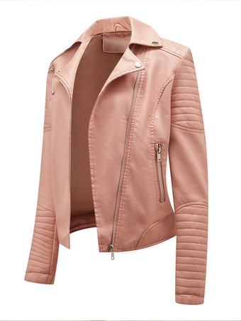 ピンクフェイクレザー モトジャケット ターンダウンカラー イエロー PU リラックスフィット 春 秋 バイカー アウター 女性用