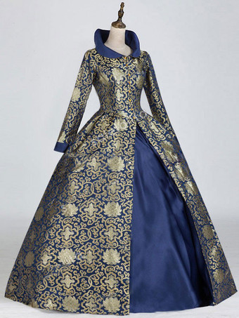 ブルー ビクトリア ロココ ポリエステル 花柄 ドレス レディース マリー アントワネット コスチューム レトロ チュニック