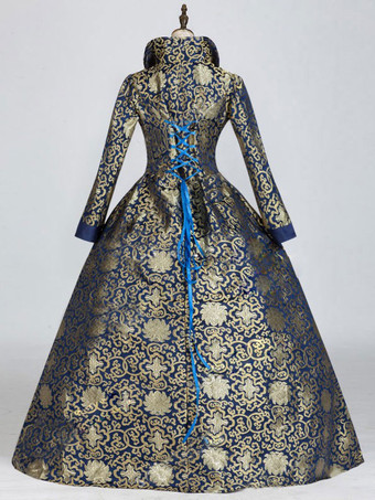 ブルー ビクトリア ロココ ポリエステル 花柄 ドレス レディース マリー アントワネット コスチューム レトロ チュニック