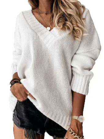 Women Pullover Sweater Apricot V-Neck Long Sleeves Acrylic Sweaters