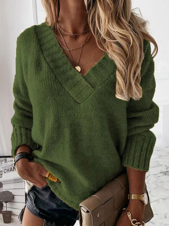 ハンターグリーン 女性プルオーバー セーター アプリコット V ネック長袖アクリル セーター