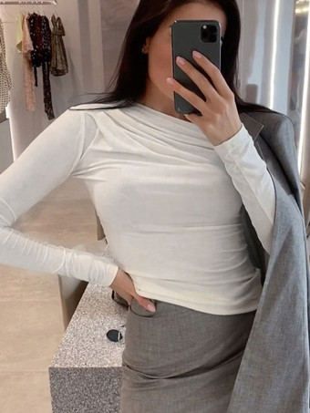 女性のためのセクシーなレイヤリングトップジュエルネック長袖プリーツアンダーシャツ