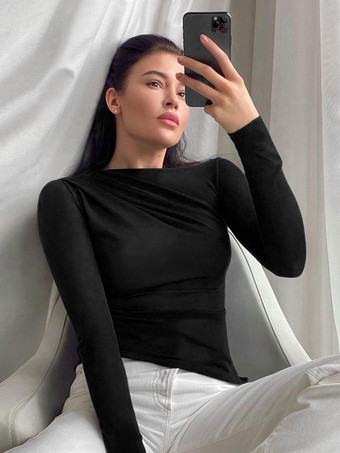 女性のためのセクシーなレイヤリングトップジュエルネック長袖プリーツアンダーシャツ