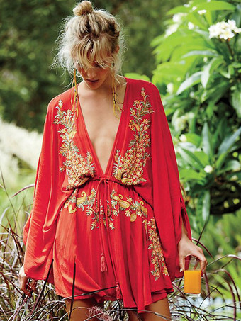 Boho-Kleid  rote Baumwolle  tiefer V-Ausschnitt  lange Trompetenärmel  böhmisches Zigeuner-besticktes Urlaubs-Frühlings-Herbst-Mini-Strandkleid für Frauen